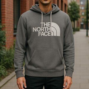 The North Face Gray Logo Hoodie Men's Size S Pullover Sweatshirt Discoloration
